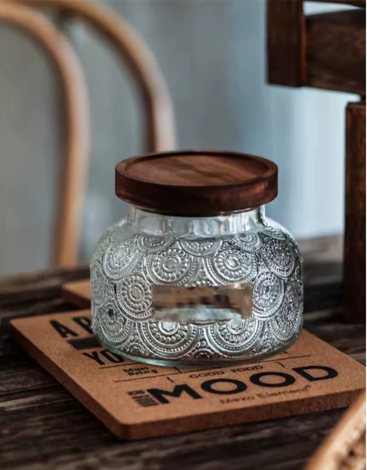 Retro American Carved Wooden Lid Sealed Glass Jar