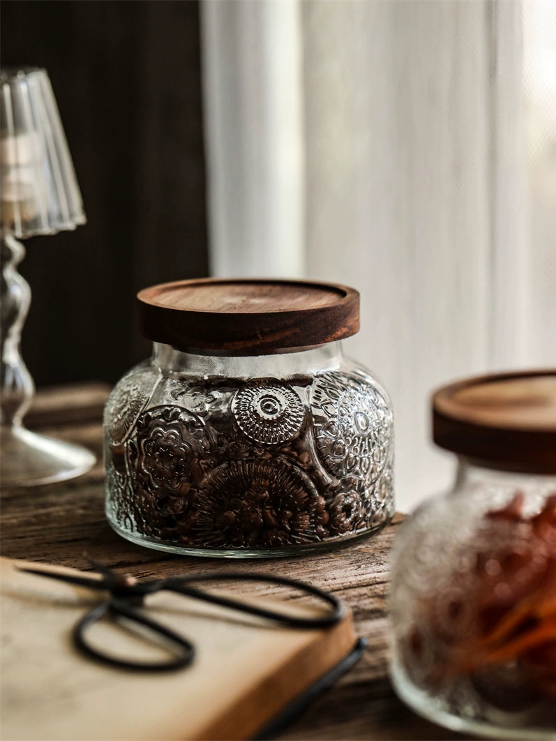 Retro American Carved Wooden Lid Sealed Glass Jar