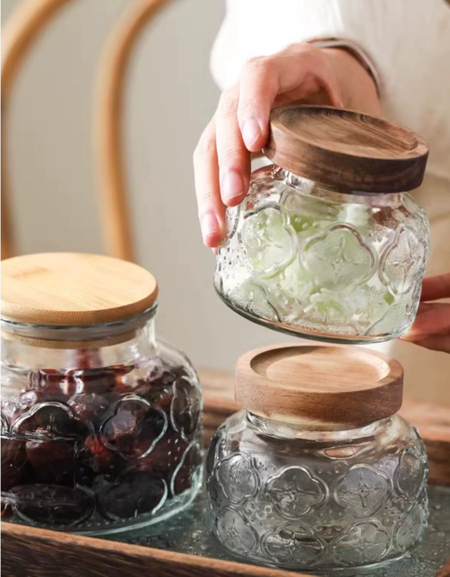 Retro American Carved Wooden Lid Sealed Glass Jar