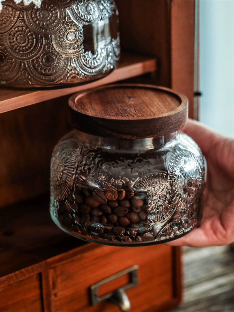 Retro American Carved Wooden Lid Sealed Glass Jar
