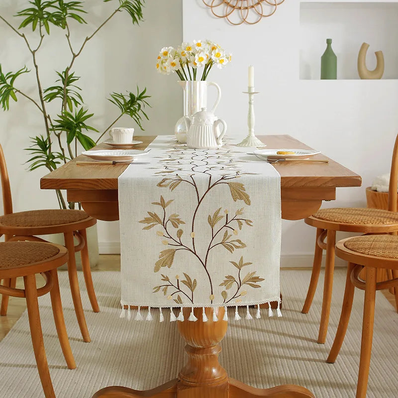 Luxury Embroidered Cotton Linen Table Runner