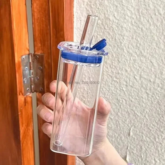 Square Heat-Resistant Coffee Glass Cup with Lid and Straw