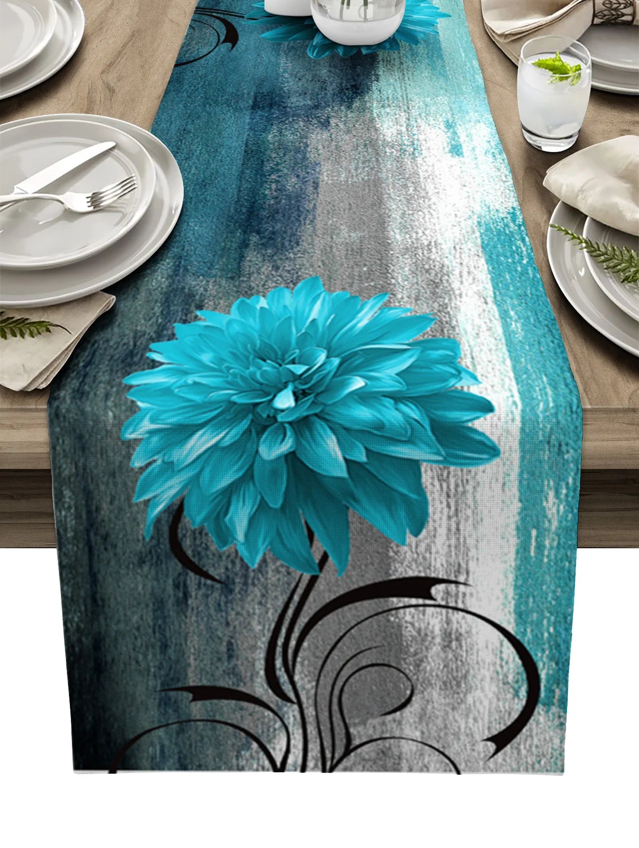Dahlia Oil Painting Blue Table Runner
