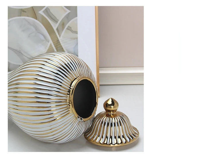 Ceramic Ginger Jar Golden Stripes Decorative General Jar Vase