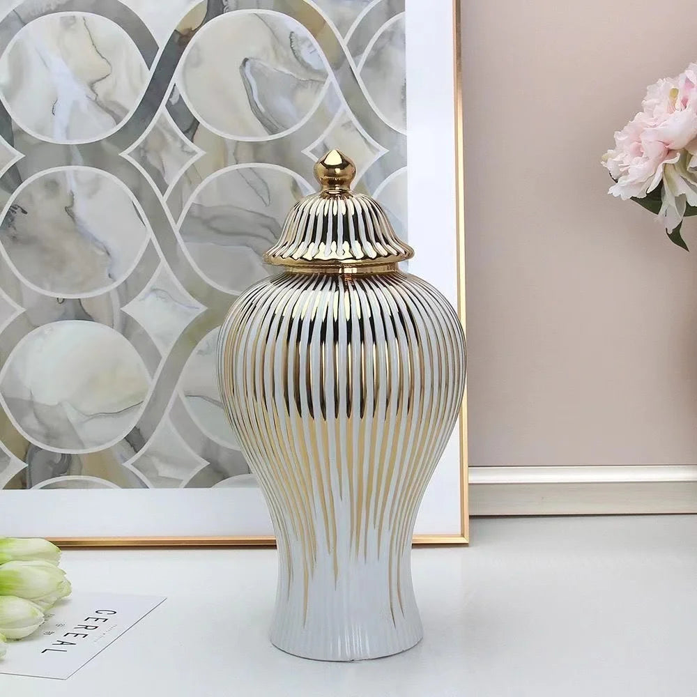 Ceramic Ginger Jar Golden Stripes Decorative General Jar Vase