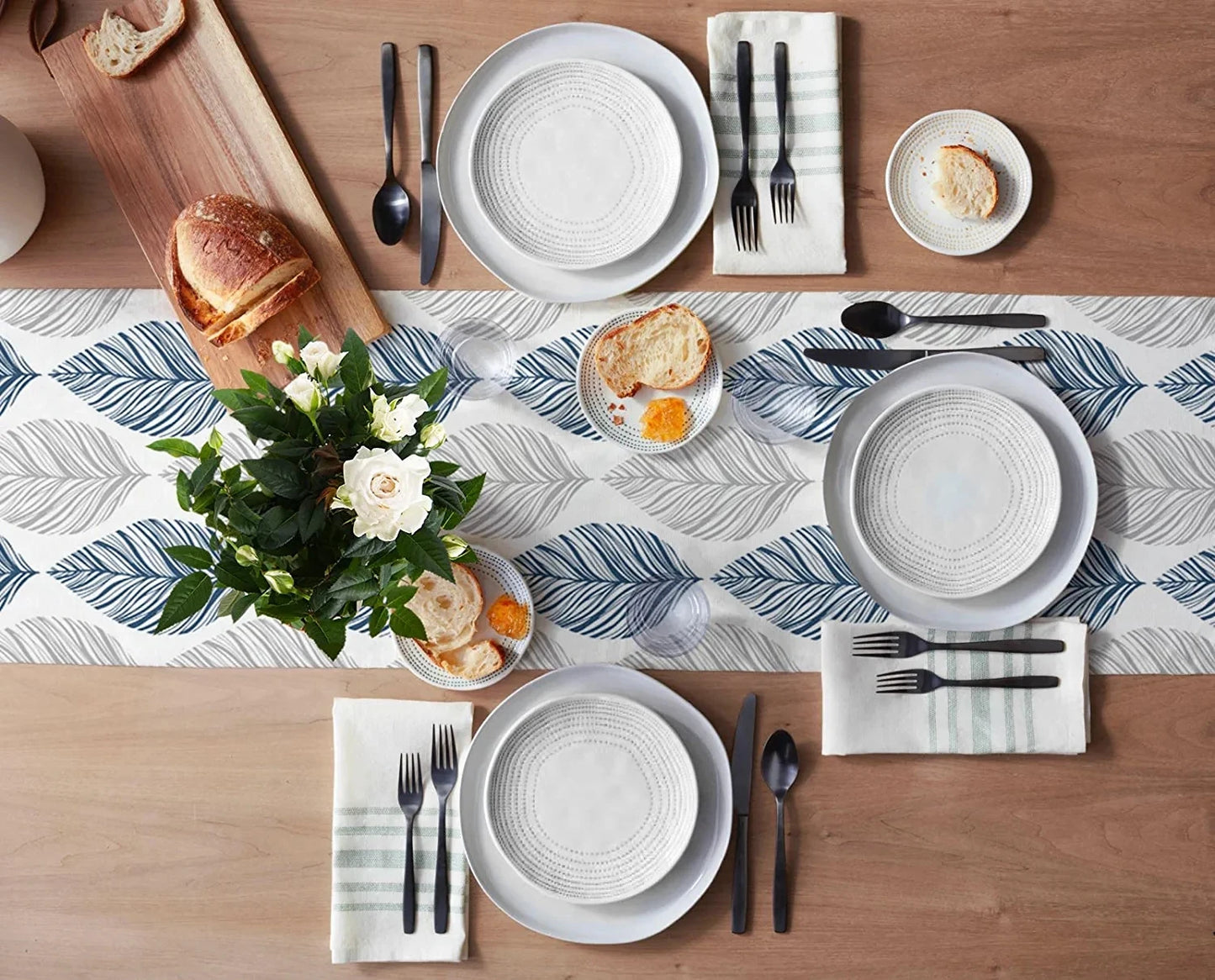 Navy Blue and Grey Leaf Texture Linen Table Runner