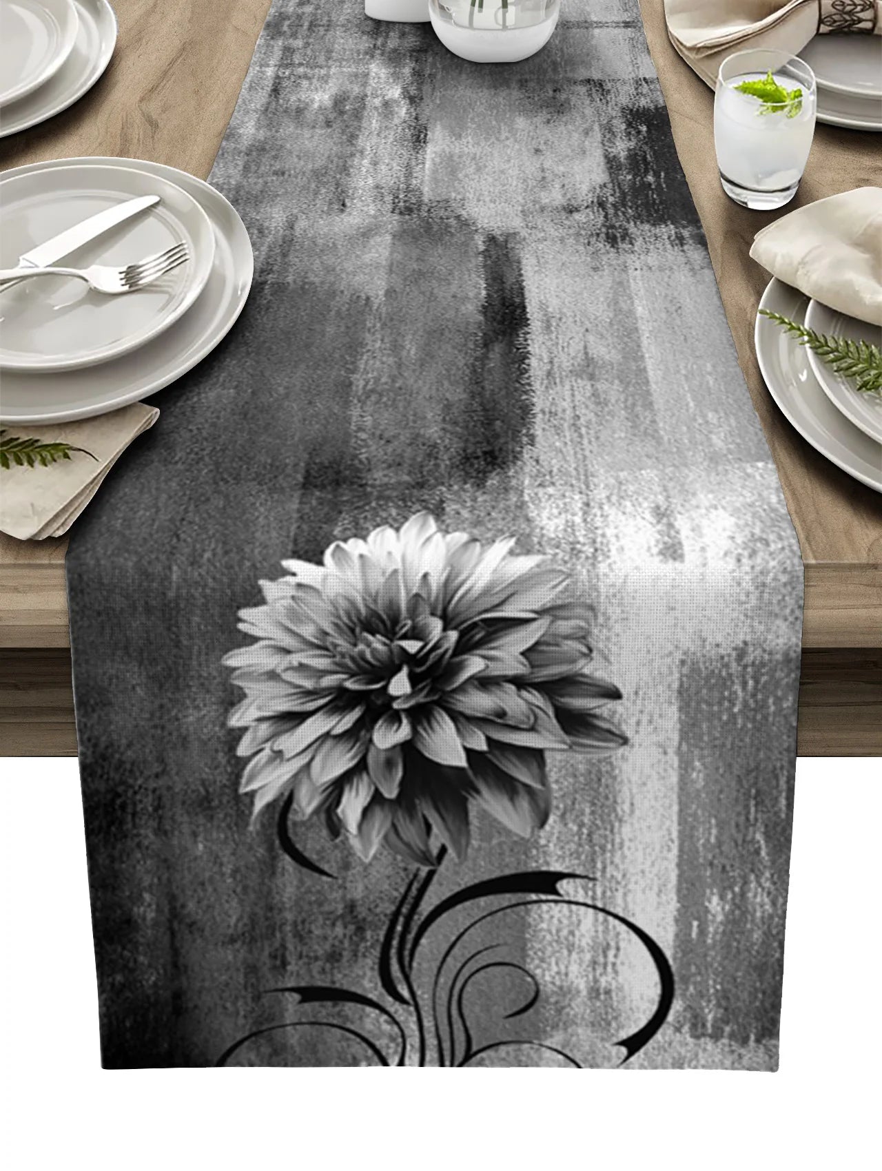 Dahlia Oil Painting Blue Table Runner