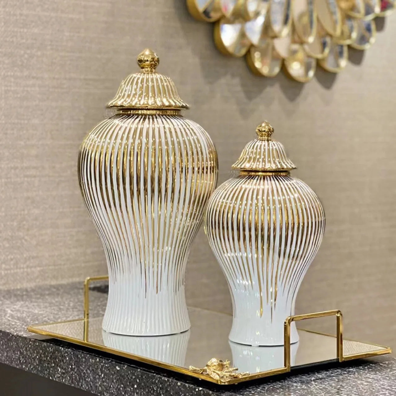 Ceramic Ginger Jar Golden Stripes Decorative General Jar Vase