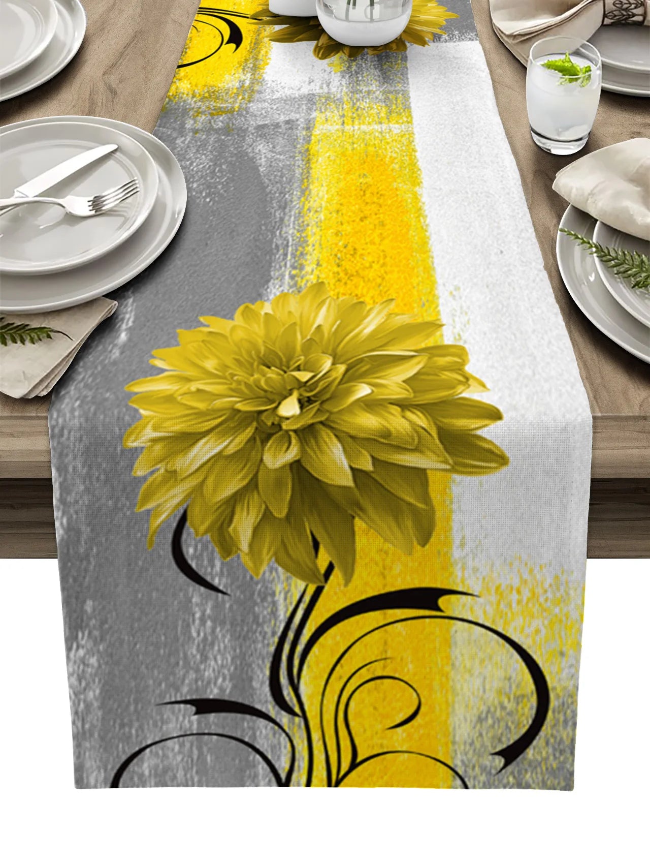 Dahlia Oil Painting Blue Table Runner