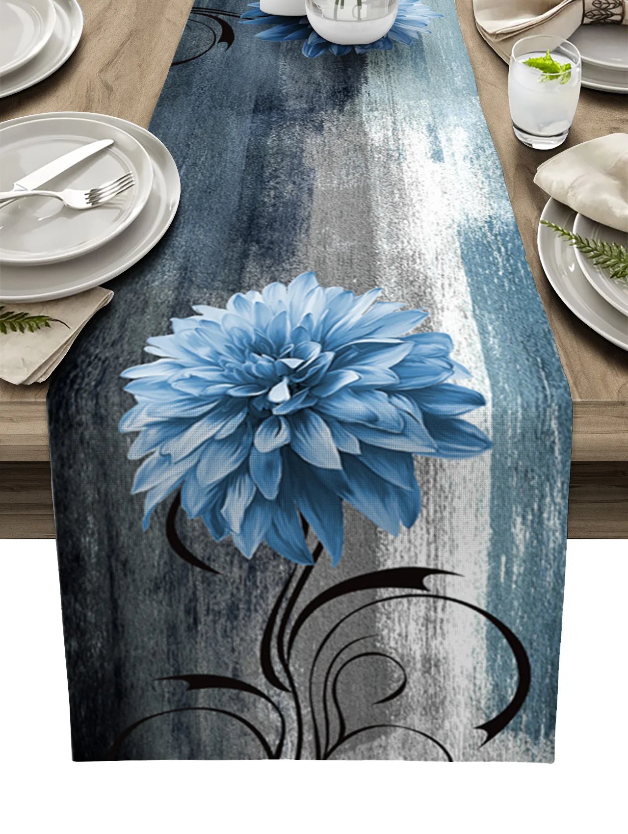 Dahlia Oil Painting Blue Table Runner