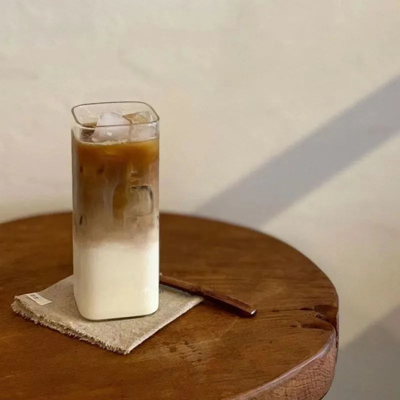 Square Heat-Resistant Coffee Glass Cup with Lid and Straw