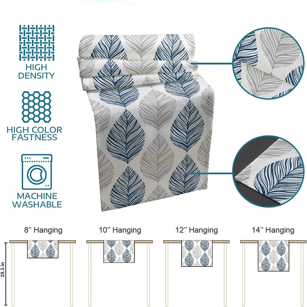 Navy Blue and Grey Leaf Texture Linen Table Runner