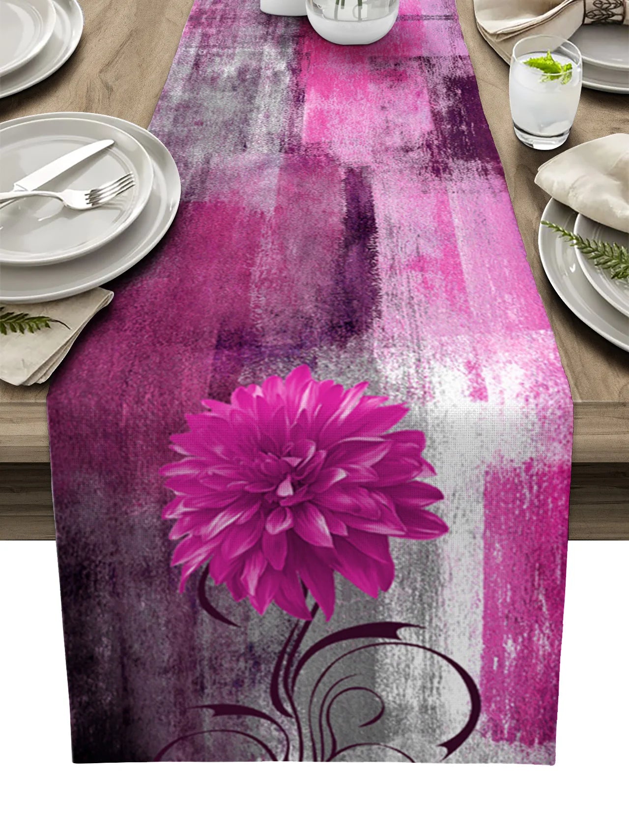 Dahlia Oil Painting Blue Table Runner