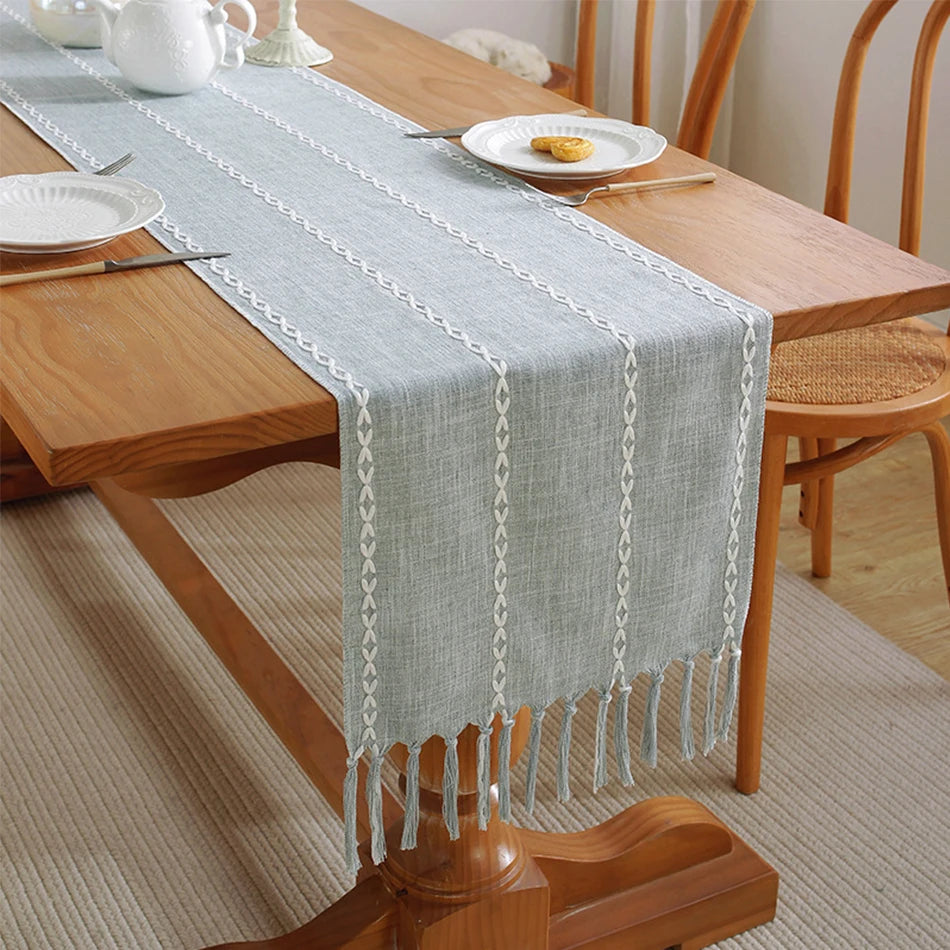 Cotton Linen Blended Table Runner, Hand-woven Tassels Perfect