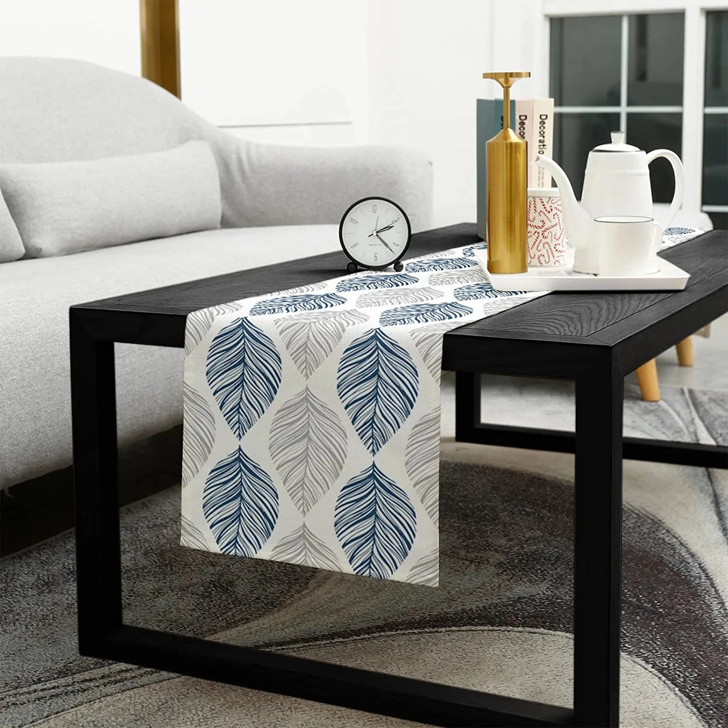 Navy Blue and Grey Leaf Texture Linen Table Runner