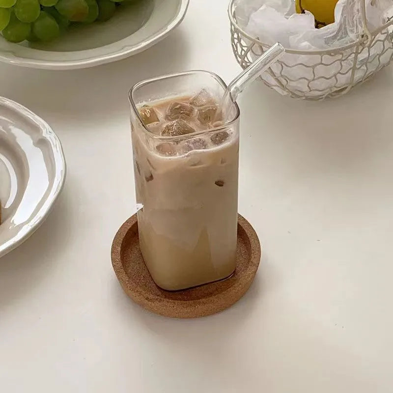 Square Heat-Resistant Coffee Glass Cup with Lid and Straw