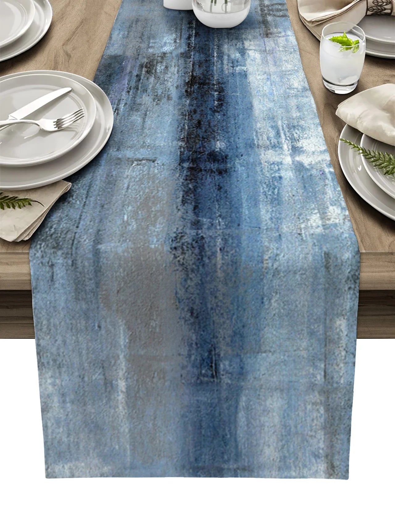 Dahlia Oil Painting Blue Table Runner