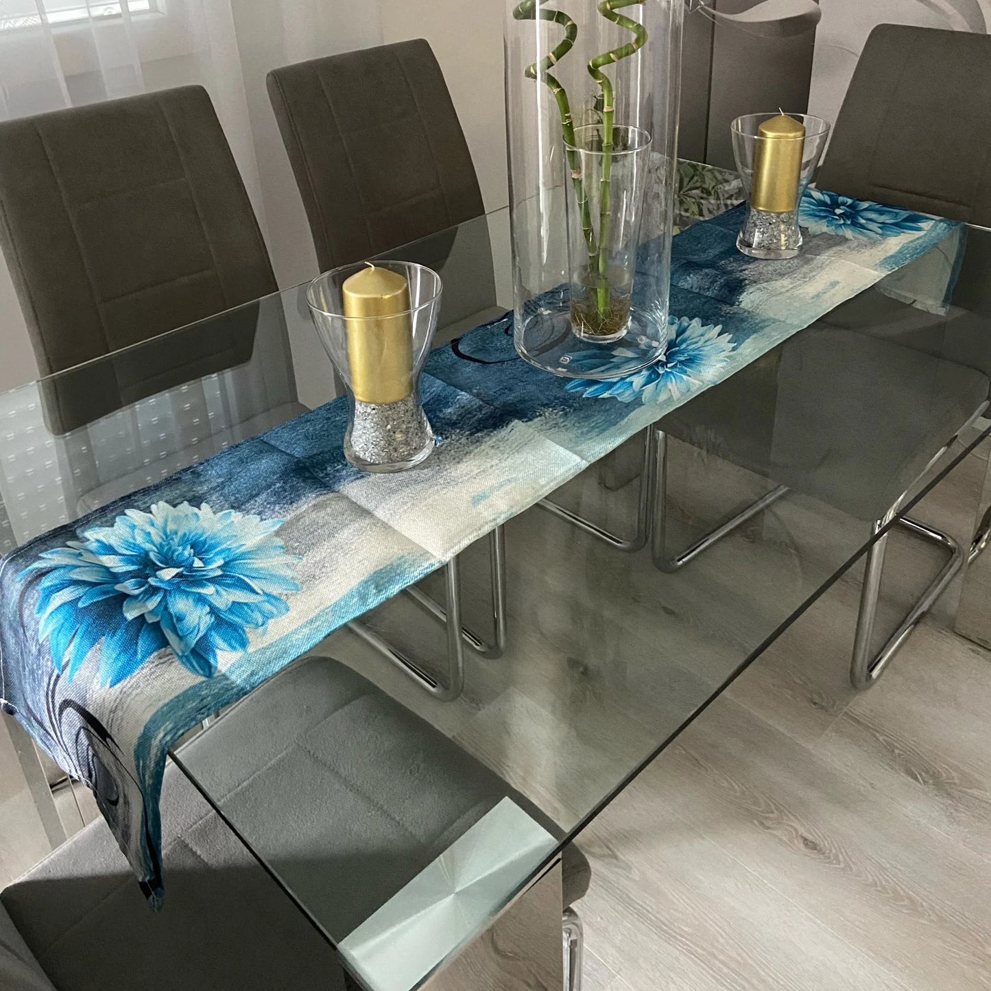 Dahlia Oil Painting Blue Table Runner