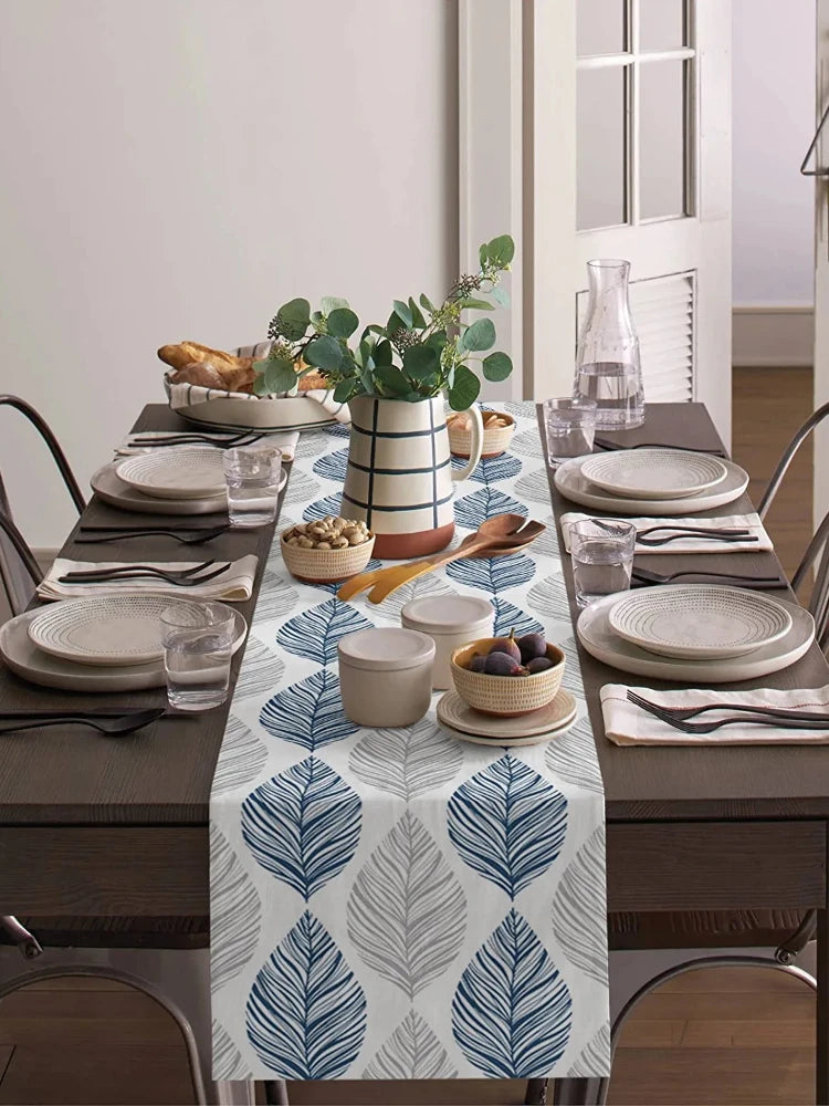 Navy Blue and Grey Leaf Texture Linen Table Runner