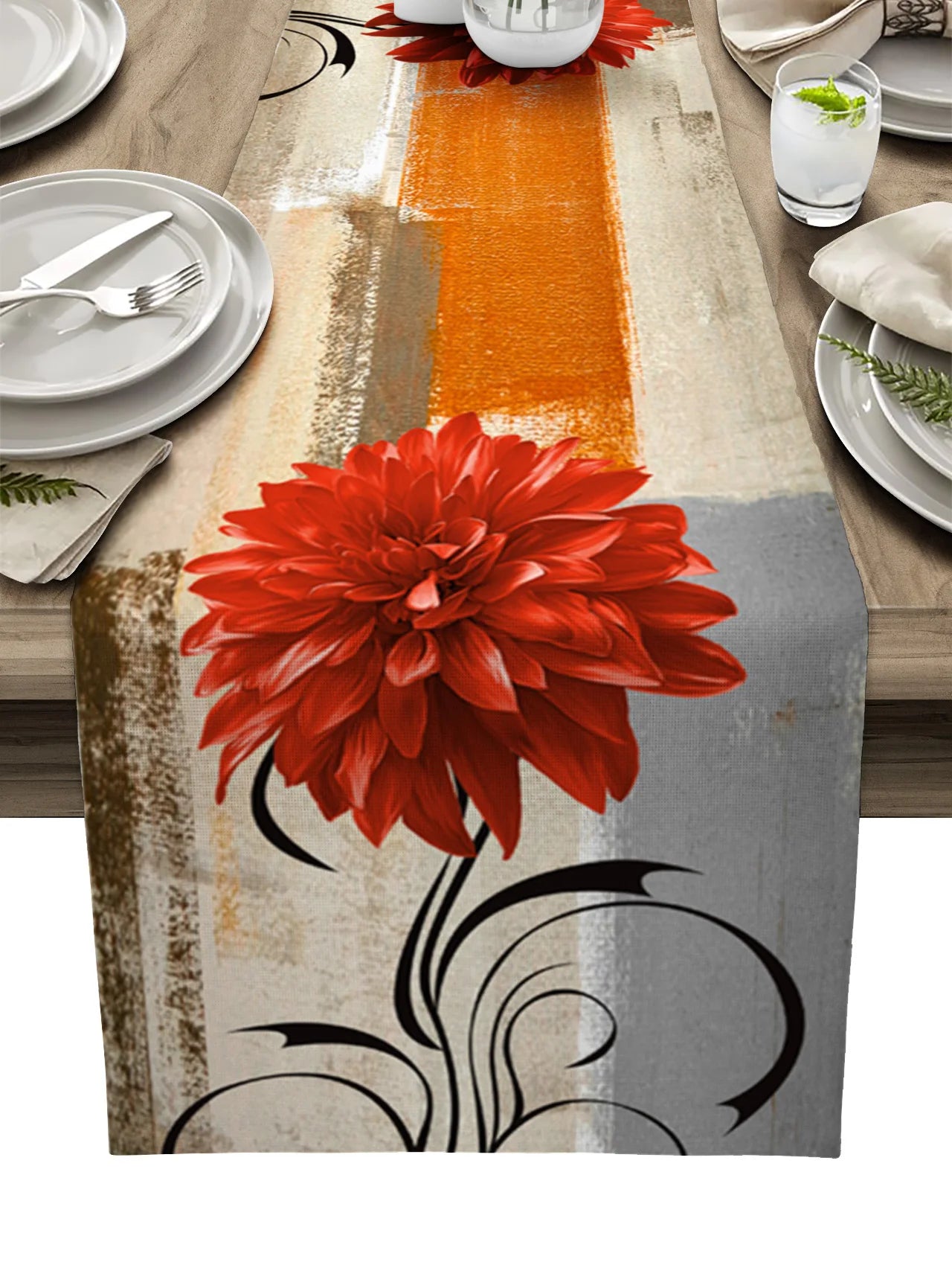 Dahlia Oil Painting Blue Table Runner