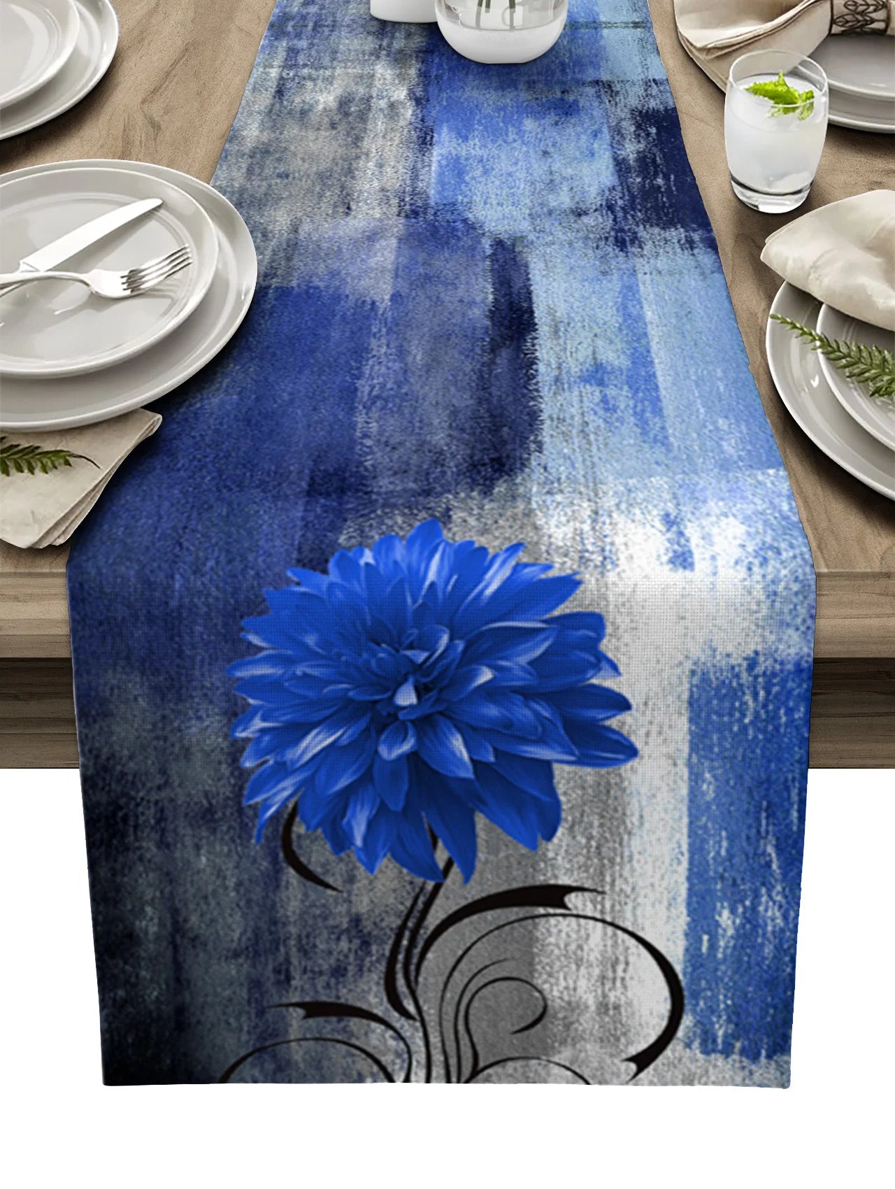 Dahlia Oil Painting Blue Table Runner