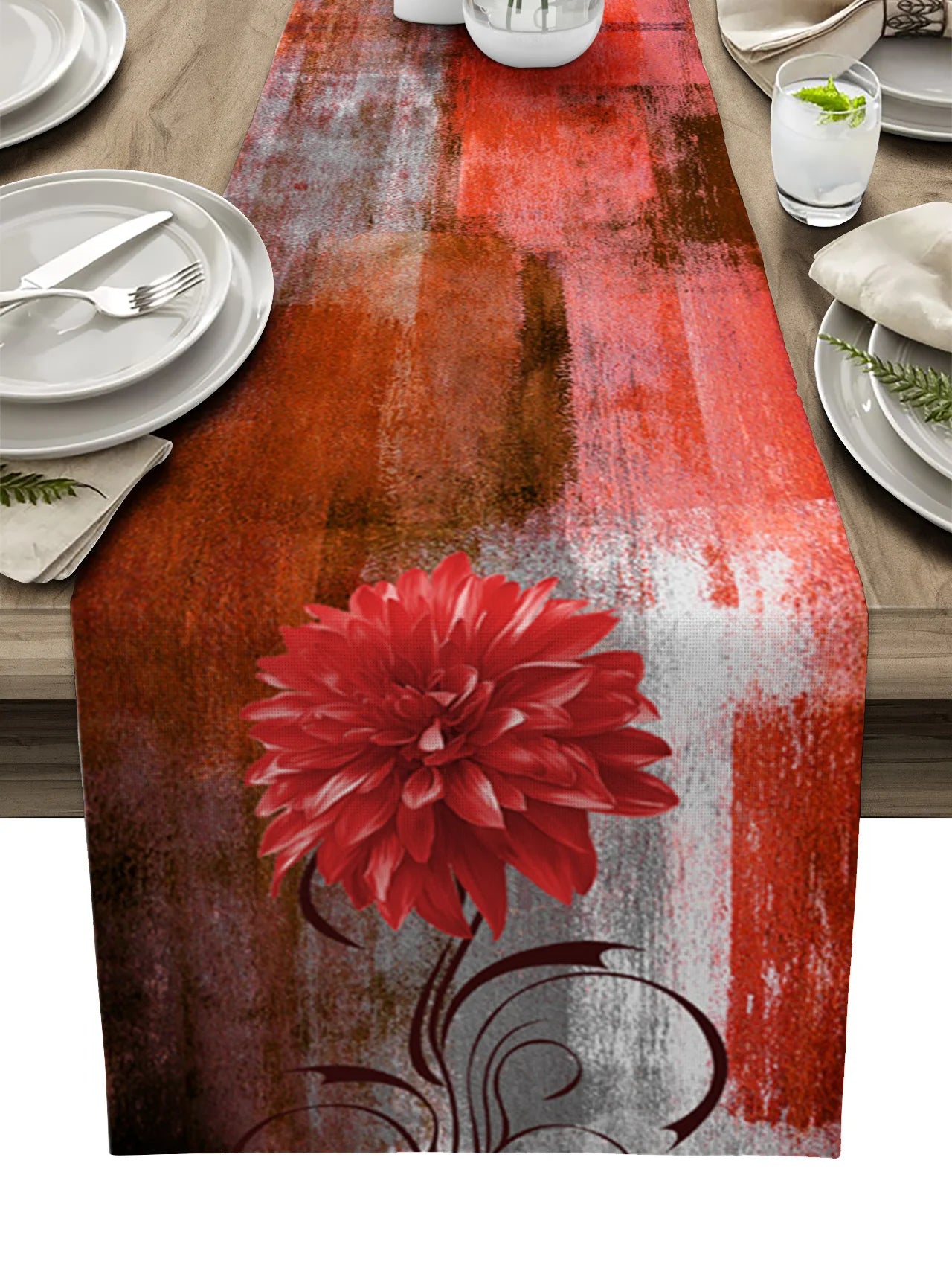 Dahlia Oil Painting Blue Table Runner