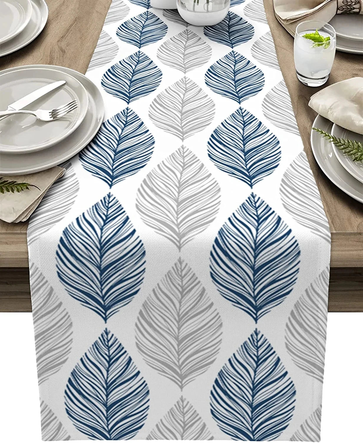 Navy Blue and Grey Leaf Texture Linen Table Runner