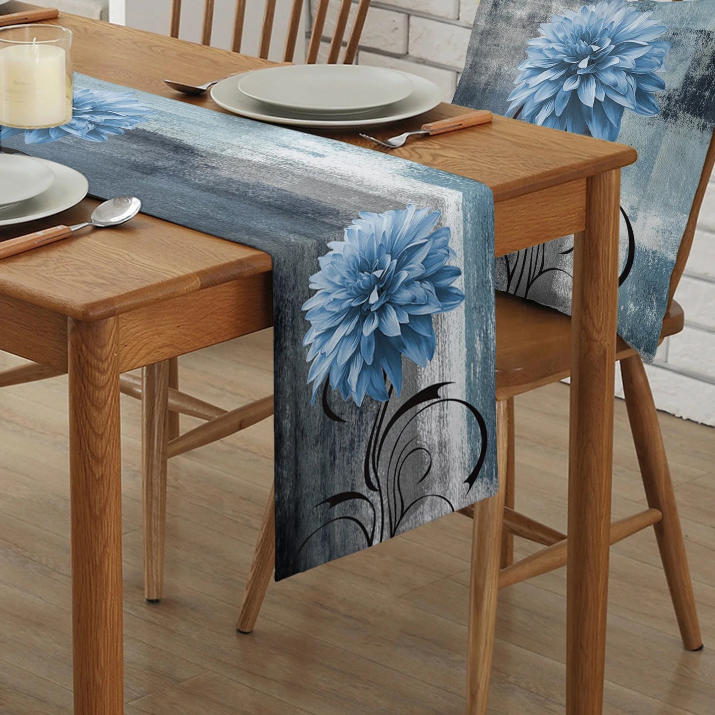 Dahlia Oil Painting Blue Table Runner