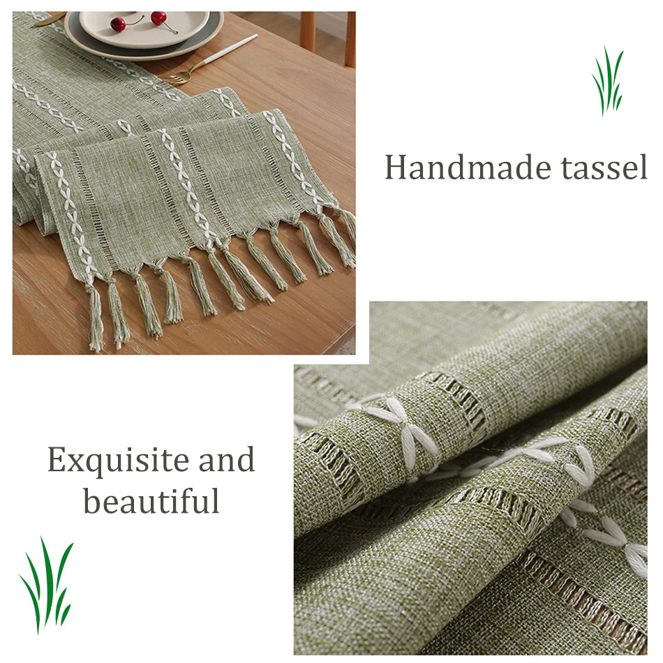 Cotton Linen Blended Table Runner, Hand-woven Tassels Perfect