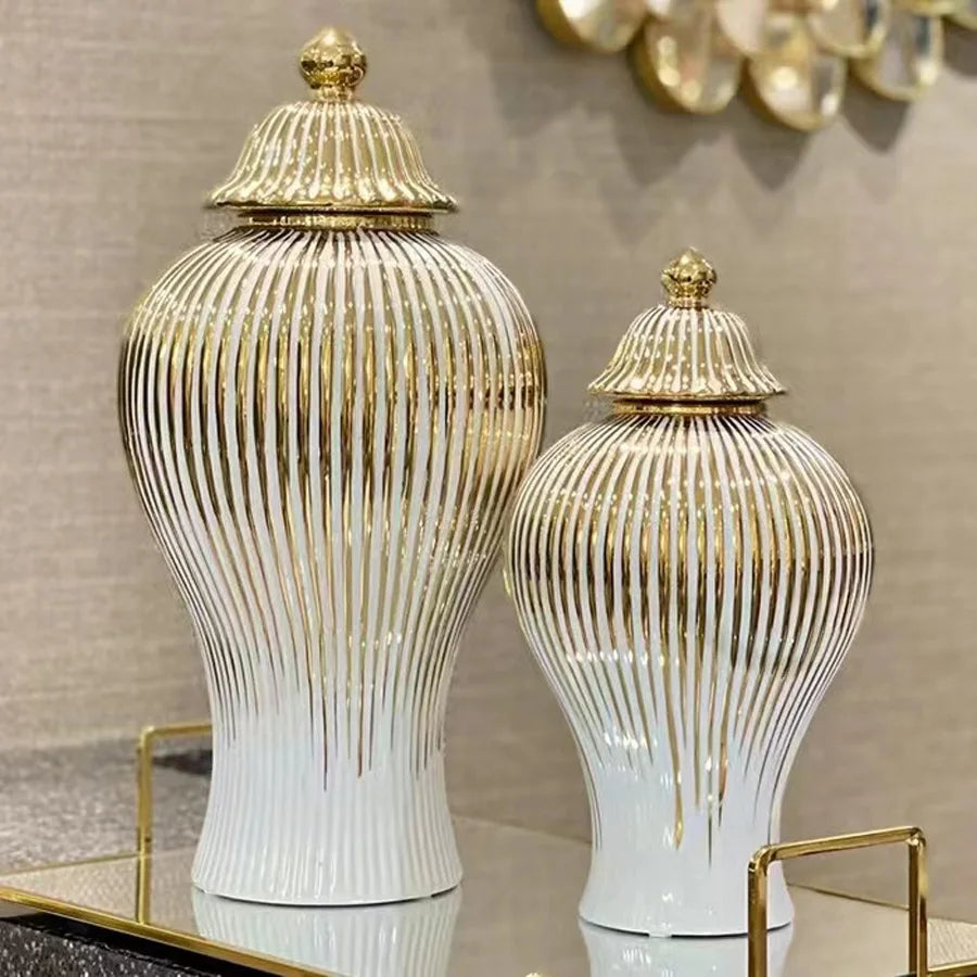 Ceramic Ginger Jar Golden Stripes Decorative General Jar Vase