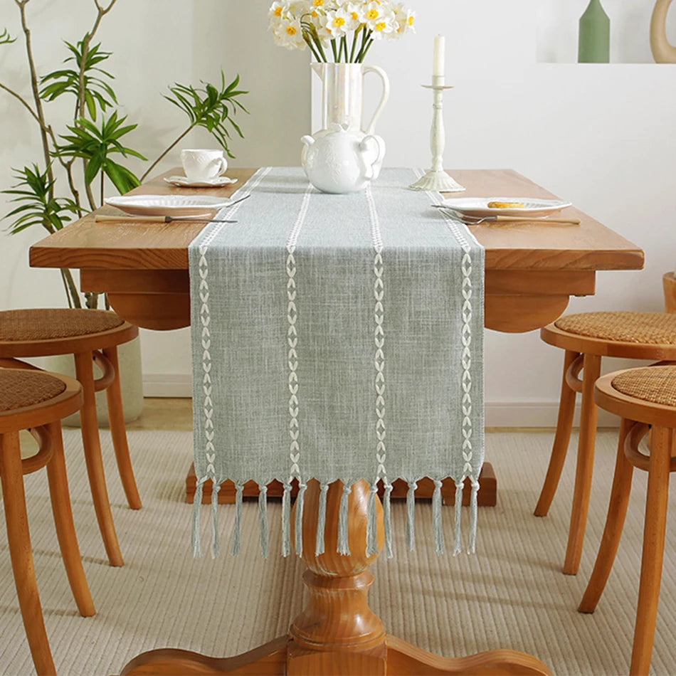 Cotton Linen Blended Table Runner, Hand-woven Tassels Perfect