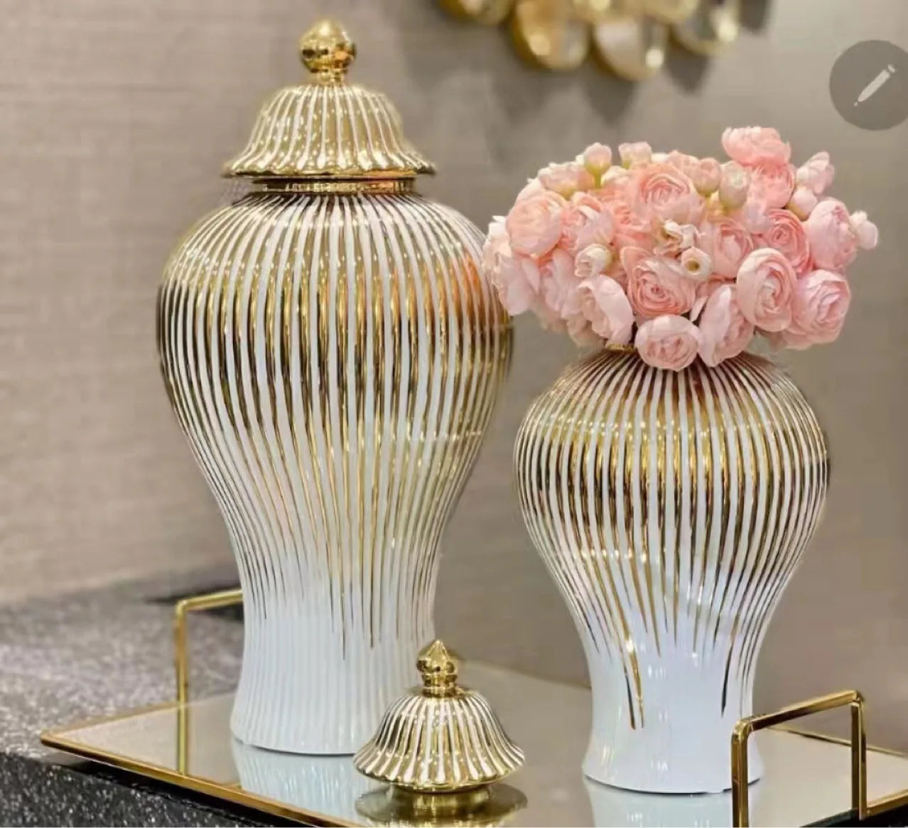 Ceramic Ginger Jar Golden Stripes Decorative General Jar Vase
