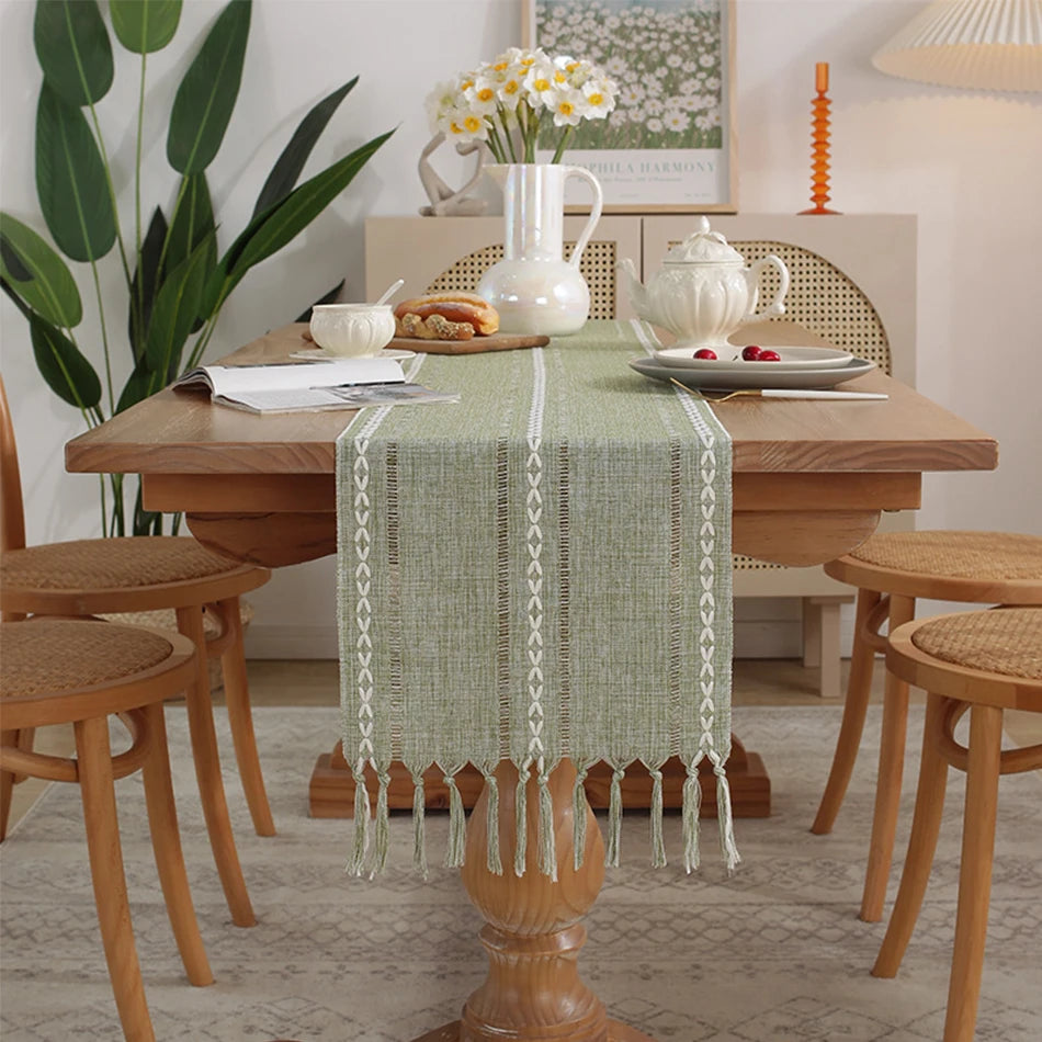 Cotton Linen Blended Table Runner, Hand-woven Tassels Perfect