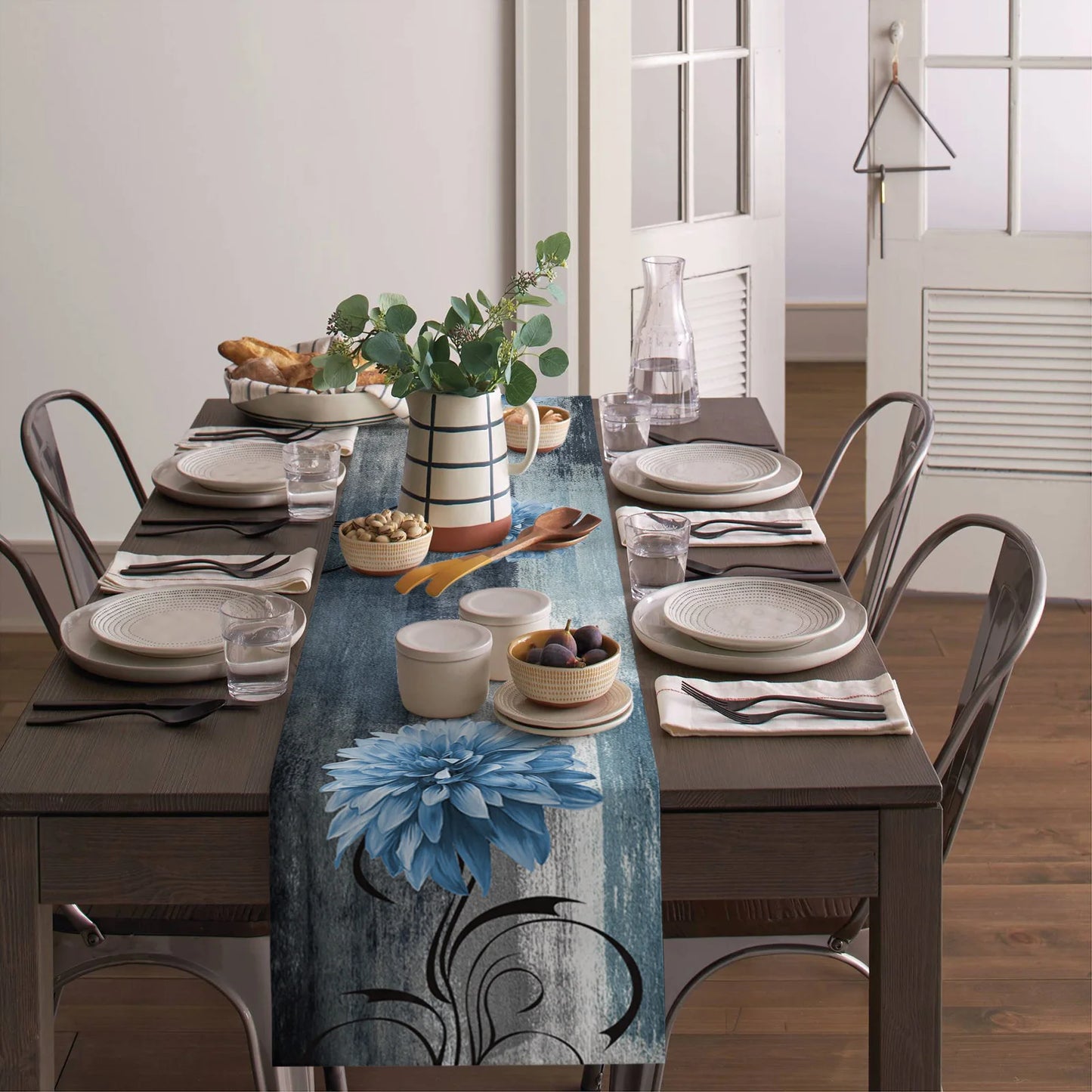 Dahlia Oil Painting Blue Table Runner