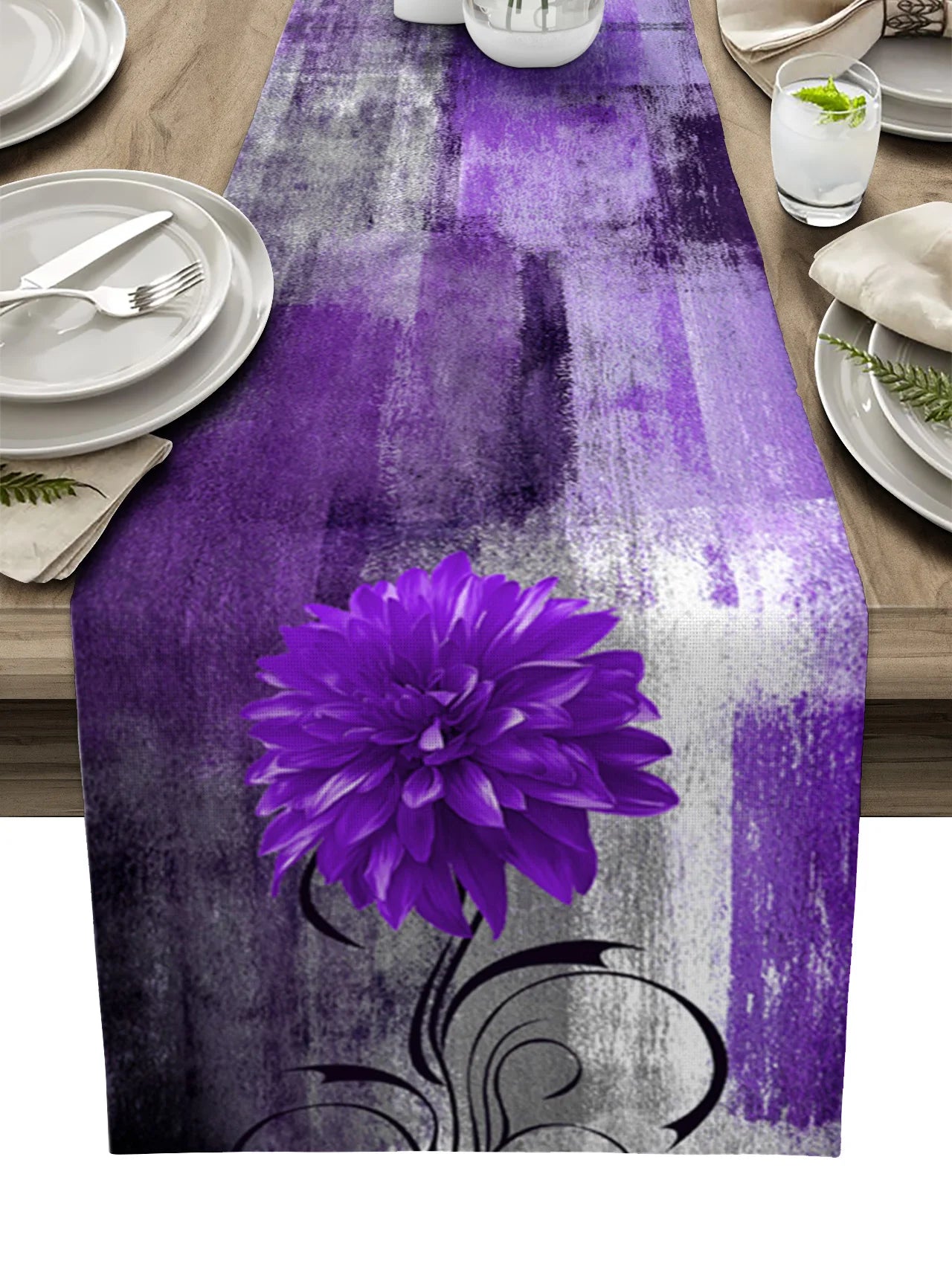 Dahlia Oil Painting Blue Table Runner