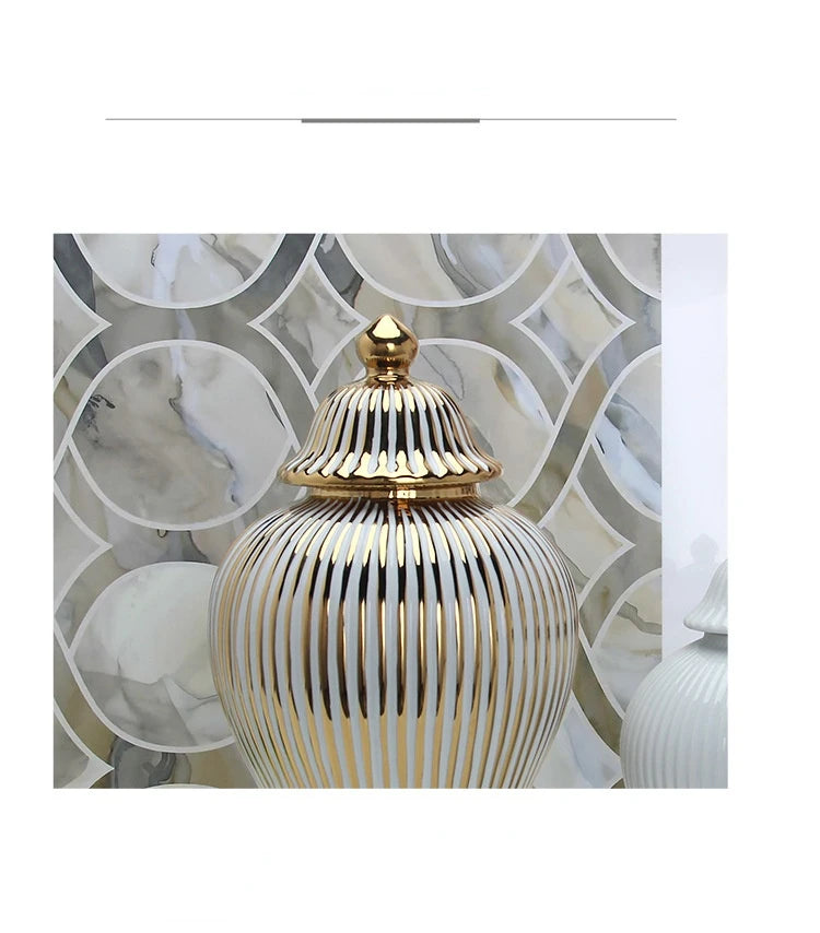 Ceramic Ginger Jar Golden Stripes Decorative General Jar Vase