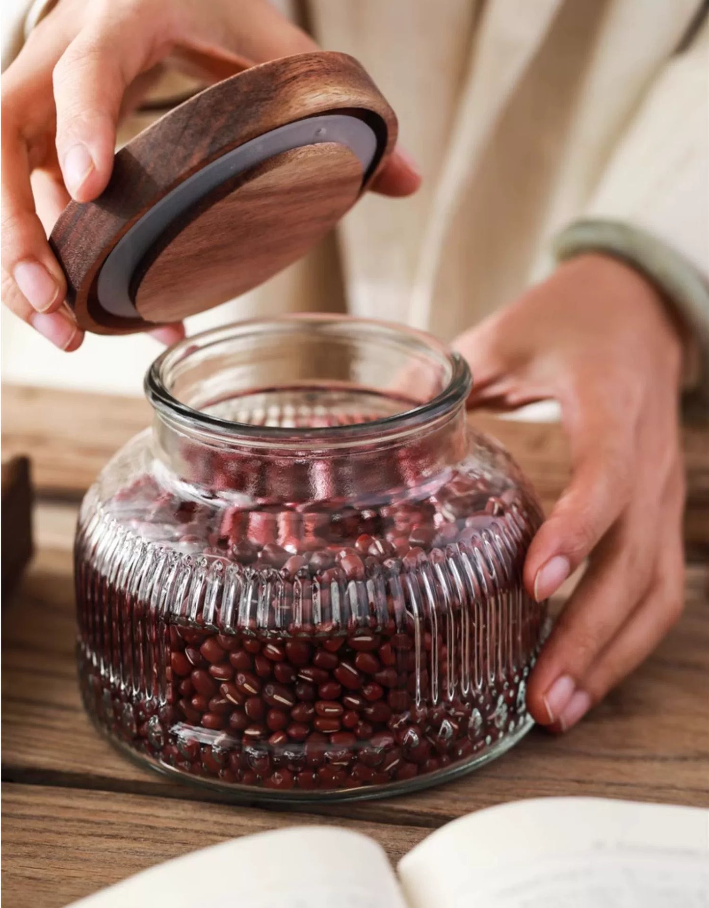 Retro American Carved Wooden Lid Sealed Glass Jar