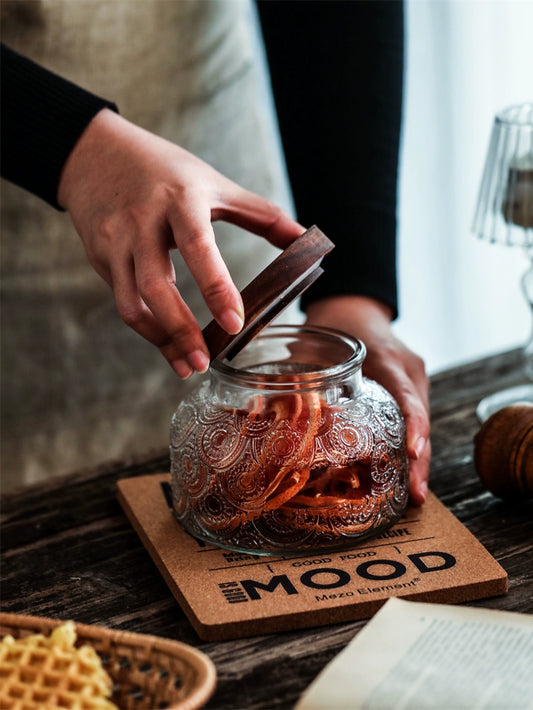 Retro American Carved Wooden Lid Sealed Glass Jar