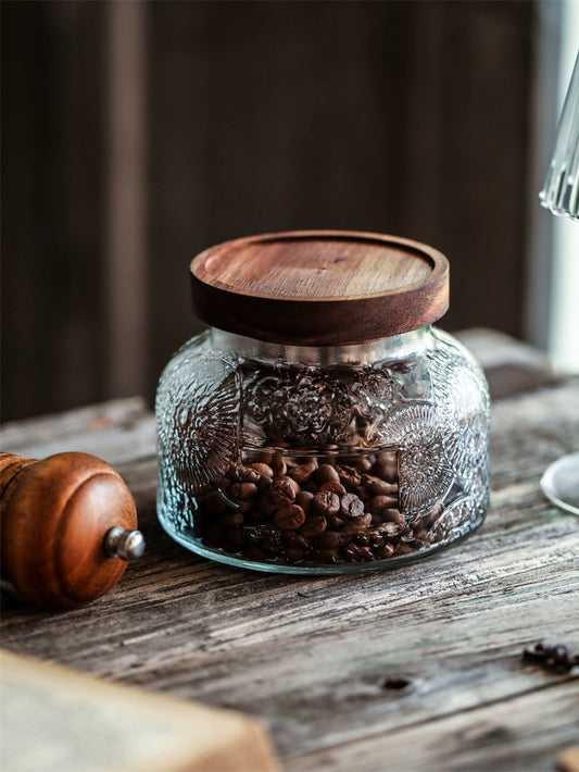 Retro American Carved Wooden Lid Sealed Glass Jar