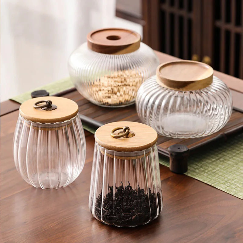 Wood Lid Glass Airtight Canister Kitchen Storage Bottles Jar