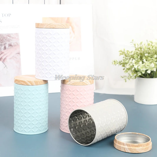 Cylindrical Wood Grain Cover Tin Box Metal Storage