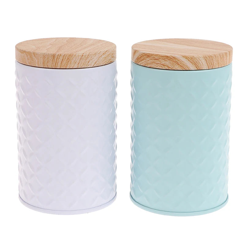 Cylindrical Wood Grain Cover Tin Box Metal Storage