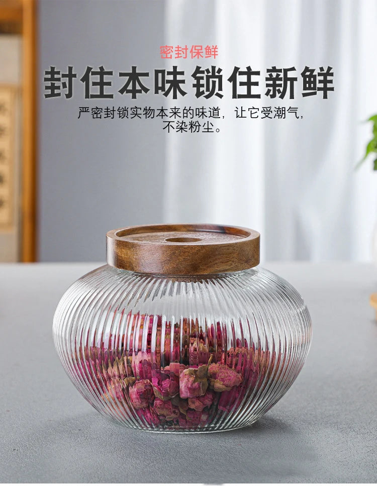 Wood Lid Glass Airtight Canister Kitchen Storage Bottles Jar