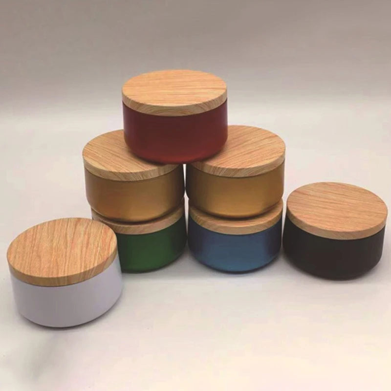 Cylindrical Wood Grain Cover Tin Box Metal Storage