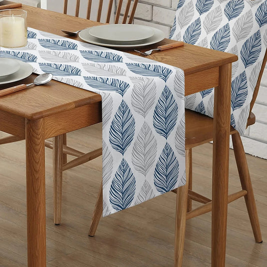 Navy Blue and Grey Leaf Texture Linen Table Runner