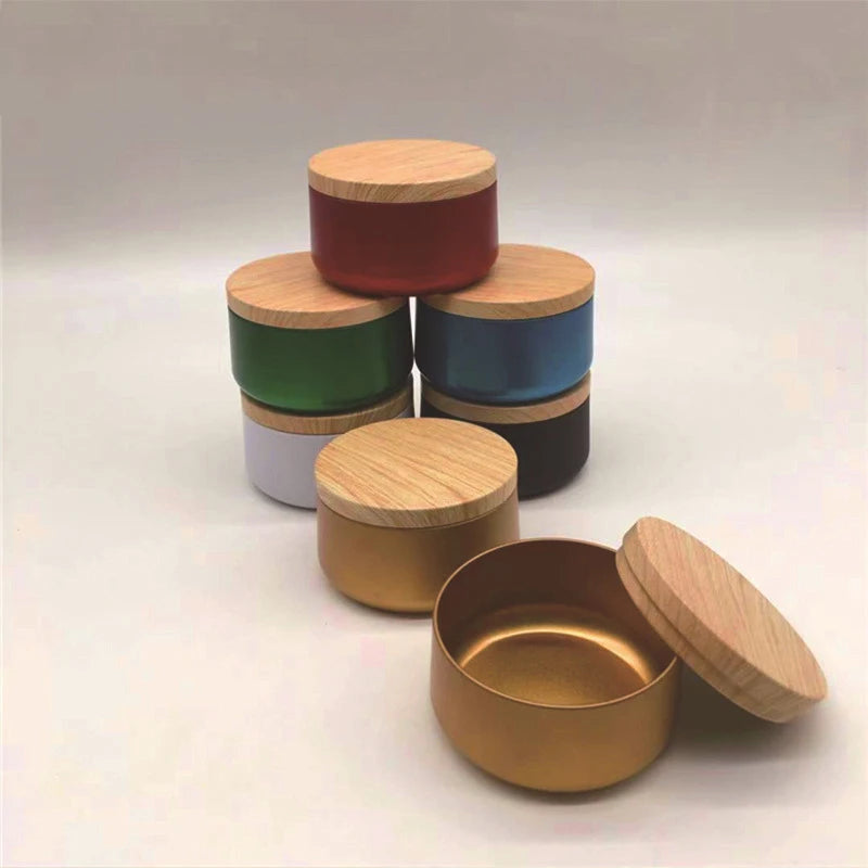 Cylindrical Wood Grain Cover Tin Box Metal Storage