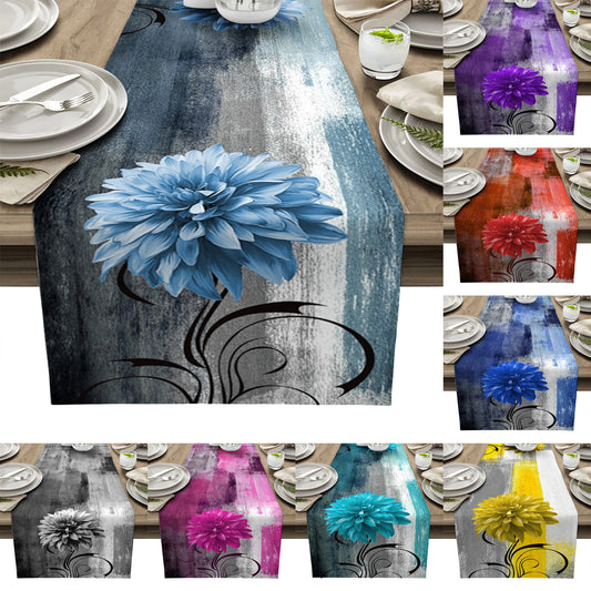 Dahlia Oil Painting Blue Table Runner