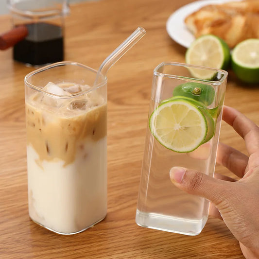 Square Heat-Resistant Coffee Glass Cup with Lid and Straw