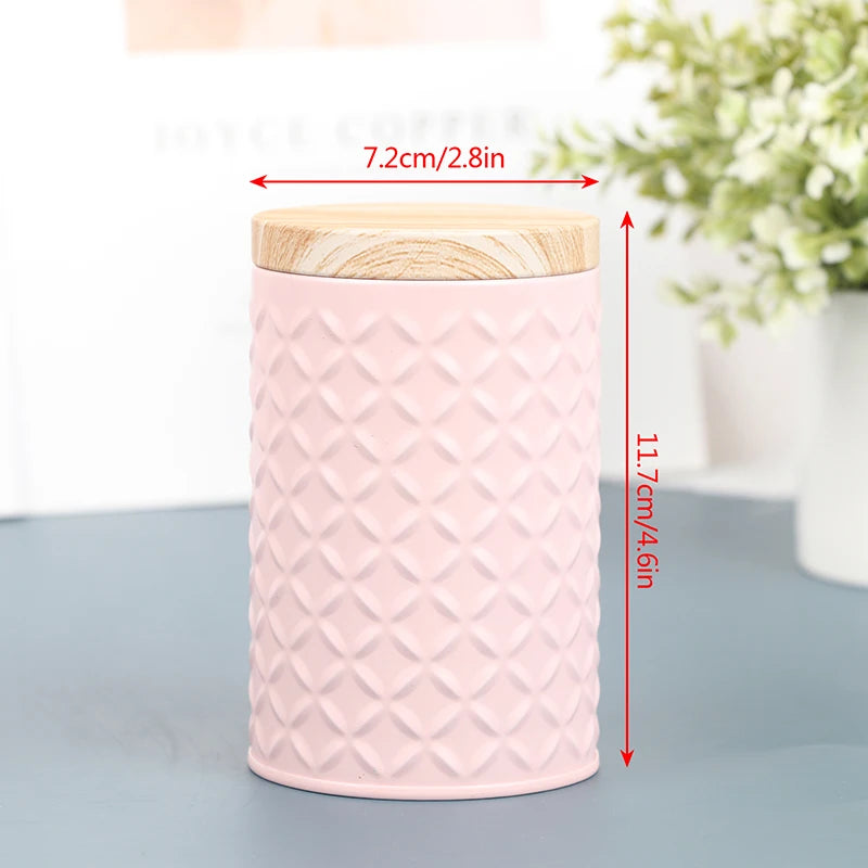 Cylindrical Wood Grain Cover Tin Box Metal Storage