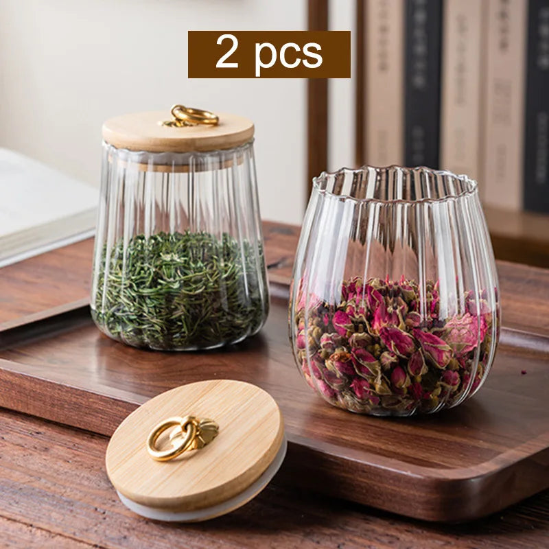 Wood Lid Glass Airtight Canister Kitchen Storage Bottles Jar